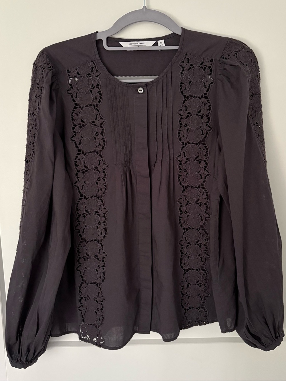 & Other Stories Los Angeles Atelier Lace Pintuck Cotton Blouse Grey - Size 4